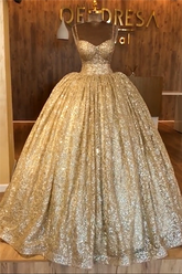 Gold Sequins Spaghetti Straps Lace Up Beadings Ball Gown for Party